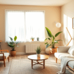 Peaceful therapy office with soft natural lighting warm earth tones comfortable seating plants creating calming healing environment no text no words no letters