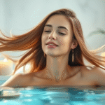 Serene woman with flowing healthy hair in soft natural lighting surrounded by calming spa elements no text no words no letters