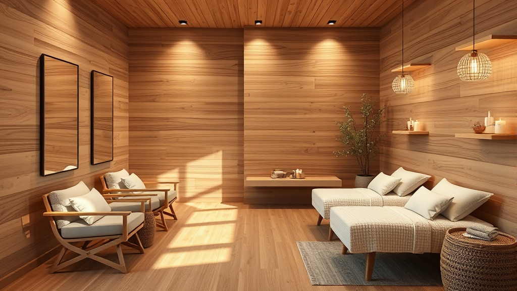 Peaceful salon setting with natural wood textures soft lighting and gentle therapeutic atmosphere no text no words no letters