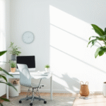 Serene home office with soft natural lighting, plants, peaceful workspace, calming blues and greens, wellness atmosphere, no text no words no letters
