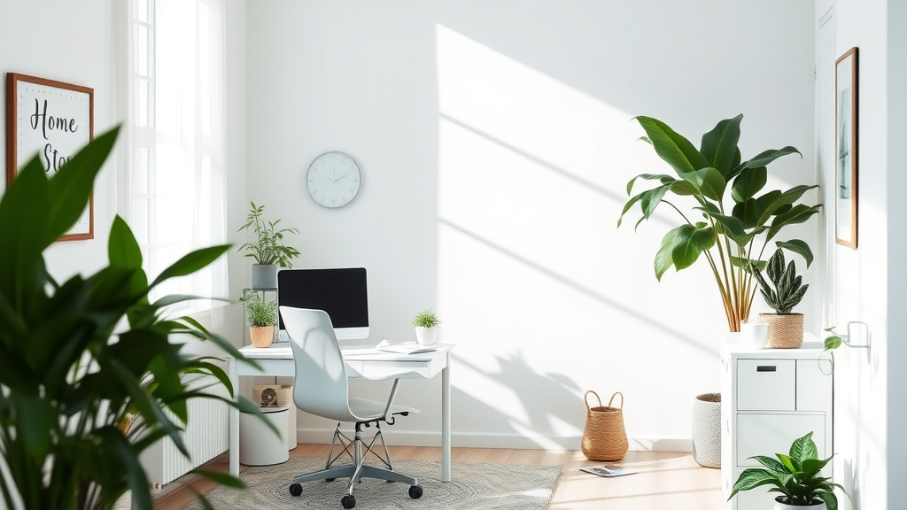 Serene home office with soft natural lighting, plants, peaceful workspace, calming blues and greens, wellness atmosphere, no text no words no letters