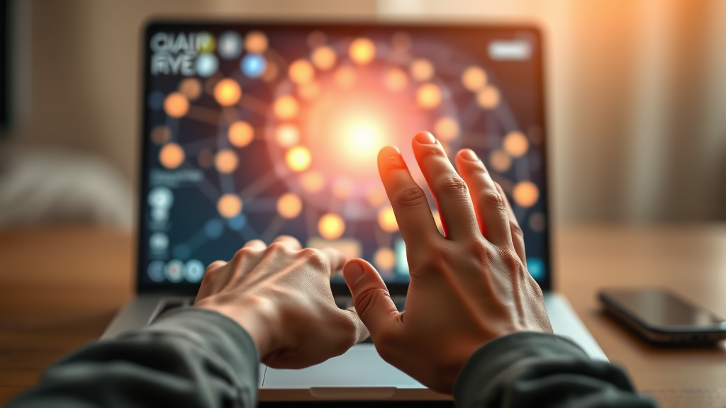 Gentle hands reaching toward laptop screen, warm lighting, connection concept, soft focus, healing colors, no text no words no letters