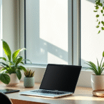 Serene home office setup with laptop and calming plants, soft natural lighting, peaceful workspace atmosphere, no text no words no letters