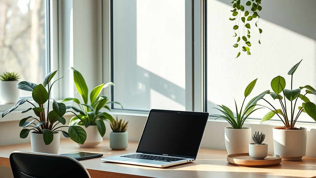 Serene home office setup with laptop and calming plants, soft natural lighting, peaceful workspace atmosphere, no text no words no letters