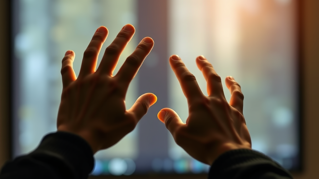 Gentle hands reaching toward screen in caring gesture, warm lighting, connection and healing concept, no text no words no letters