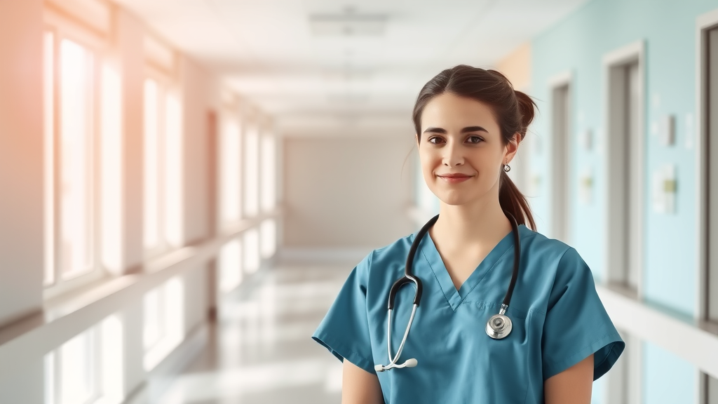Peaceful healthcare professional in scrubs standing in modern hospital corridor with soft natural lighting and calming atmosphere, no text no words no letters