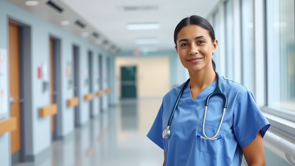 Peaceful healthcare professional in scrubs standing in bright modern hospital hallway with soft natural lighting and calming blue tones no text no words no letters