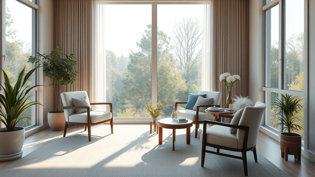 Serene therapy session room with comfortable chairs facing large window showing nature view with gentle morning light filtering through no text no words no letters