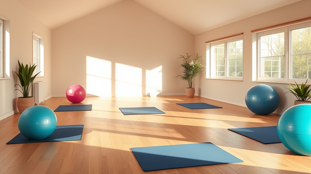 Peaceful therapy room with exercise balls and mats in warm natural lighting creating sense of safety and therapeutic progress no text no words no letters