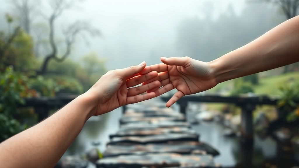 Gentle hands reaching toward each other across misty bridge nature background therapeutic connection healing bonds no text no words no letters