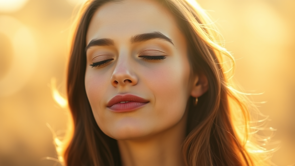 Serene woman with glowing skin in soft natural light, peaceful expression, warm golden tones, wellness concept, no text no words no letters