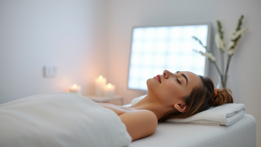 Peaceful spa setting with gentle light therapy panel, calming atmosphere, soft lighting, skincare wellness, no text no words no letters