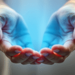 Gentle hands providing therapeutic care with soft natural lighting and calming blue tones conveying healing and comfort no text no words no letters