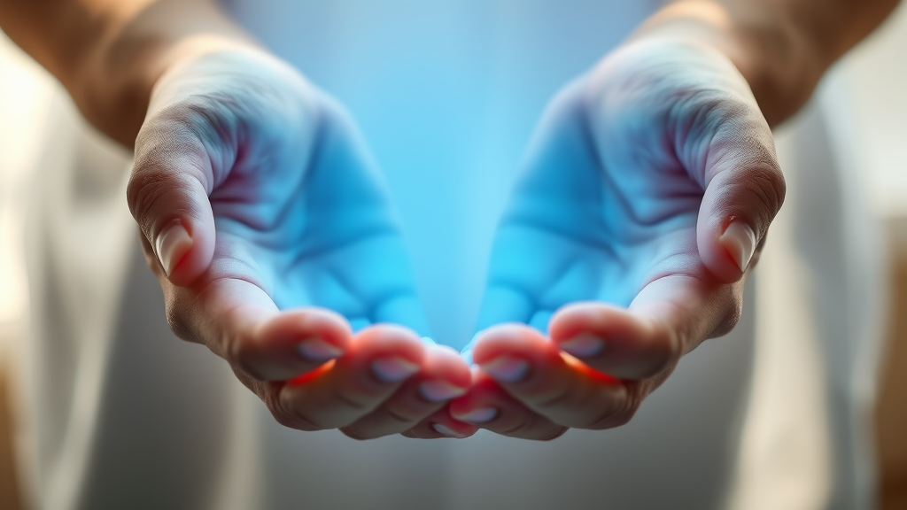 Gentle hands providing therapeutic care with soft natural lighting and calming blue tones conveying healing and comfort no text no words no letters
