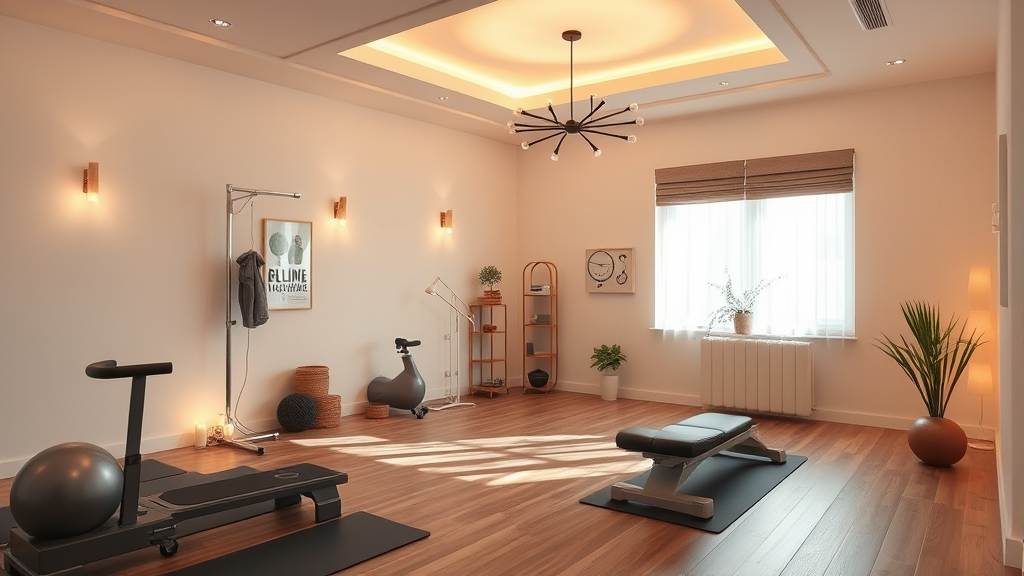 Peaceful therapy room with exercise equipment and warm lighting creating serene healing environment no text no words no letters