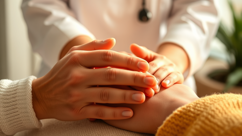 Gentle hands providing therapeutic care, warm lighting, healing environment, professional setting, no text no words no letters