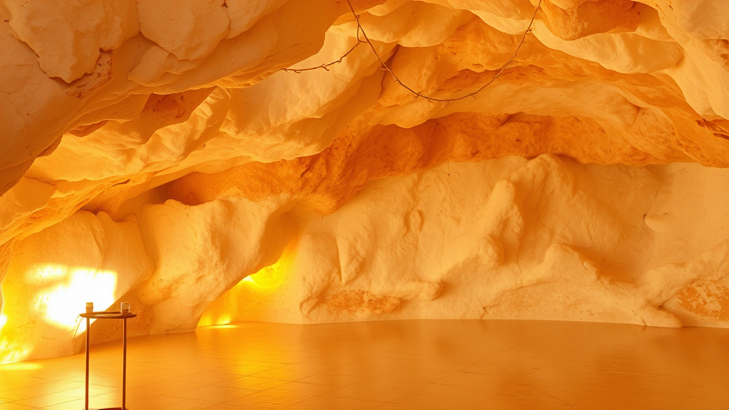 Serene salt cave interior with soft golden lighting, peaceful meditation space, natural healing environment, no text no words no letters
