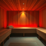 Peaceful spa setting with warm golden lighting, wooden sauna interior, soft red glow, serene atmosphere, wellness concept, no text no words no letters