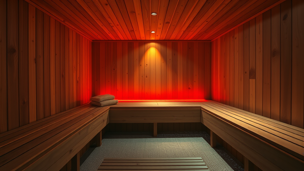 Peaceful spa setting with warm golden lighting, wooden sauna interior, soft red glow, serene atmosphere, wellness concept, no text no words no letters