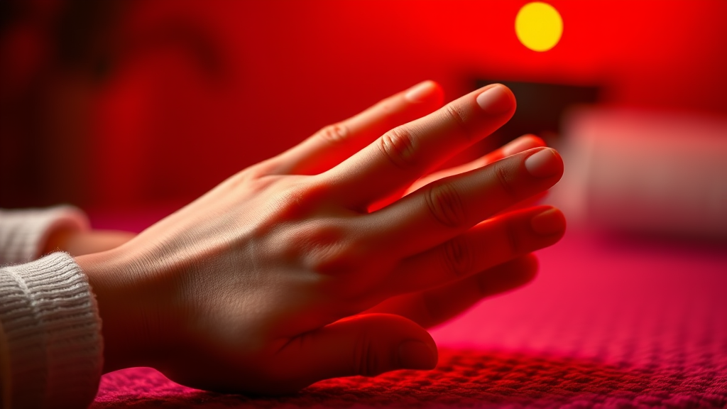 Close-up of relaxed hands in warm therapeutic light, gentle red illumination, calm healing environment, wellness therapy, no text no words no letters