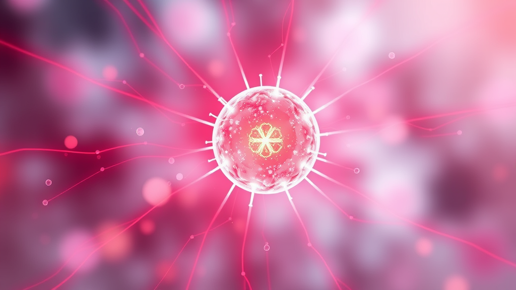 Abstract representation of cellular healing, soft red light rays, peaceful energy flow, wellness visualization, calming colors, no text no words no letters