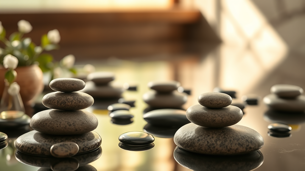 Serene spa setting with smooth healing stones and soft natural lighting conveying peace and therapeutic wellness no text no words no letters