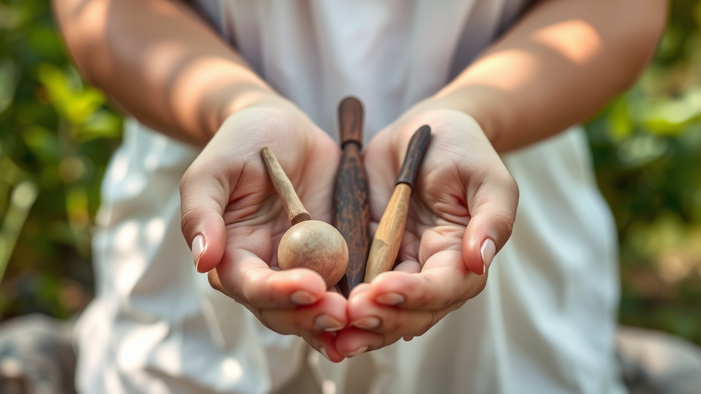 Gentle hands holding traditional healing tools in calming natural environment with soft shadows and peaceful atmosphere no text no words no letters