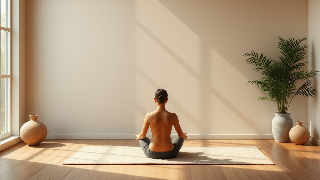 Serene meditation space with soft natural lighting and calming earth tones representing inner peace and tranquility no text no words no letters