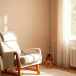 Soft sunlight streaming through window onto comfortable therapy chair, warm calming colors, peaceful healing atmosphere, no text no words no letters