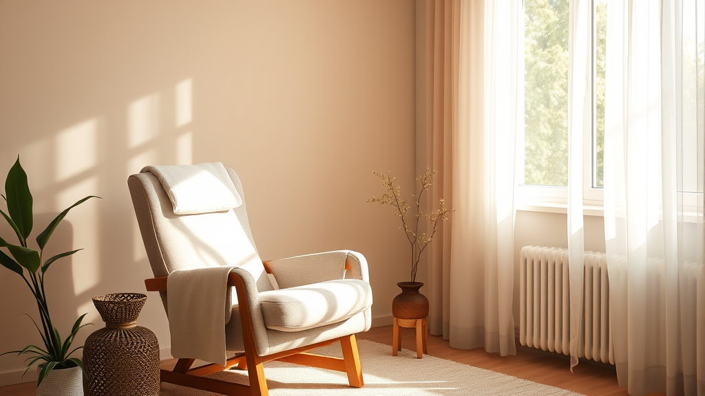 Soft sunlight streaming through window onto comfortable therapy chair, warm calming colors, peaceful healing atmosphere, no text no words no letters