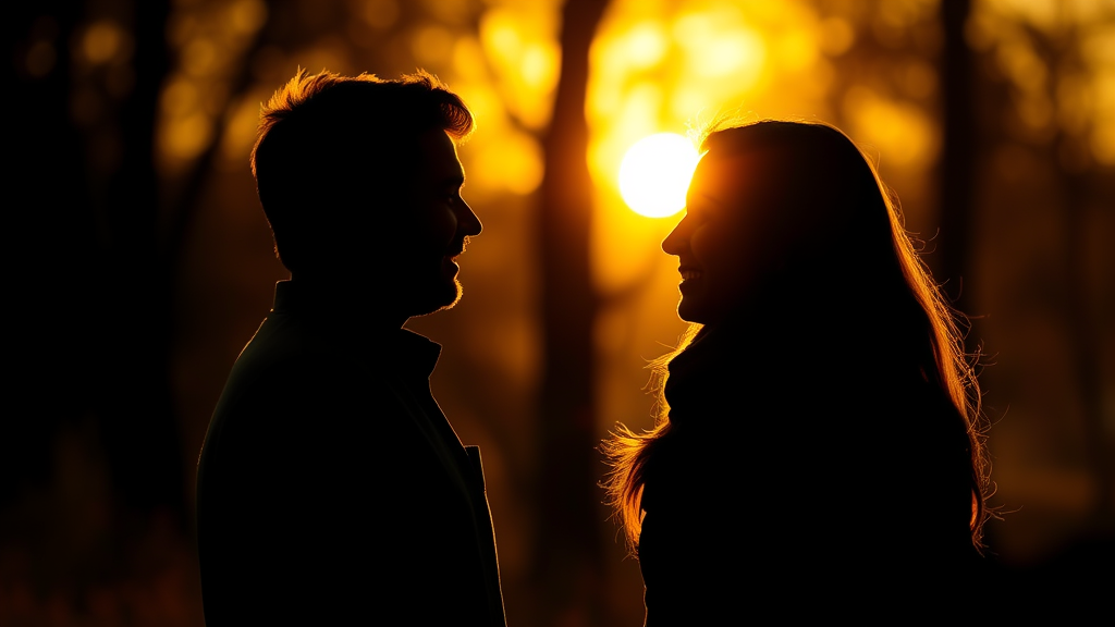 Two silhouettes in supportive conversation, golden hour lighting, trust and connection, safe therapeutic environment, no text no words no letters
