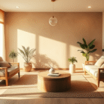 Serene therapy room with soft natural lighting warm earth tones comfortable seating peaceful atmosphere mental wellness concept no text no words no letters