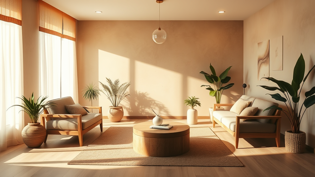 Serene therapy room with soft natural lighting warm earth tones comfortable seating peaceful atmosphere mental wellness concept no text no words no letters