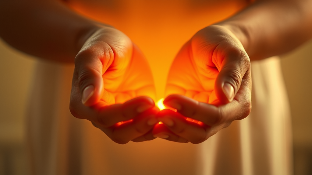 Gentle hands cupping soft glowing light symbolizing healing and inner peace with warm golden tones serene background no text no words no letters
