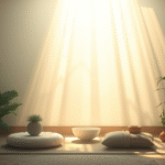 Soft ethereal light streaming through peaceful meditation space with plants and calming natural elements no text no words no letters