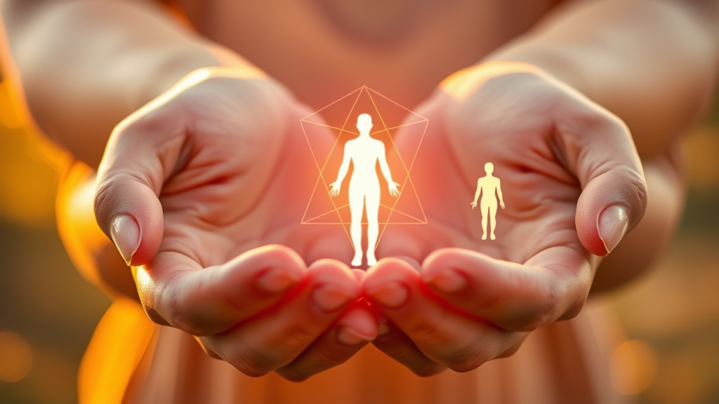 Gentle hands holding abstract geometric shapes representing mind-body connection in warm golden lighting no text no words no letters