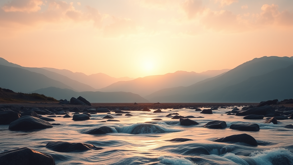 Serene mountain landscape with flowing water representing inner peace and emotional healing journey no text no words no letters