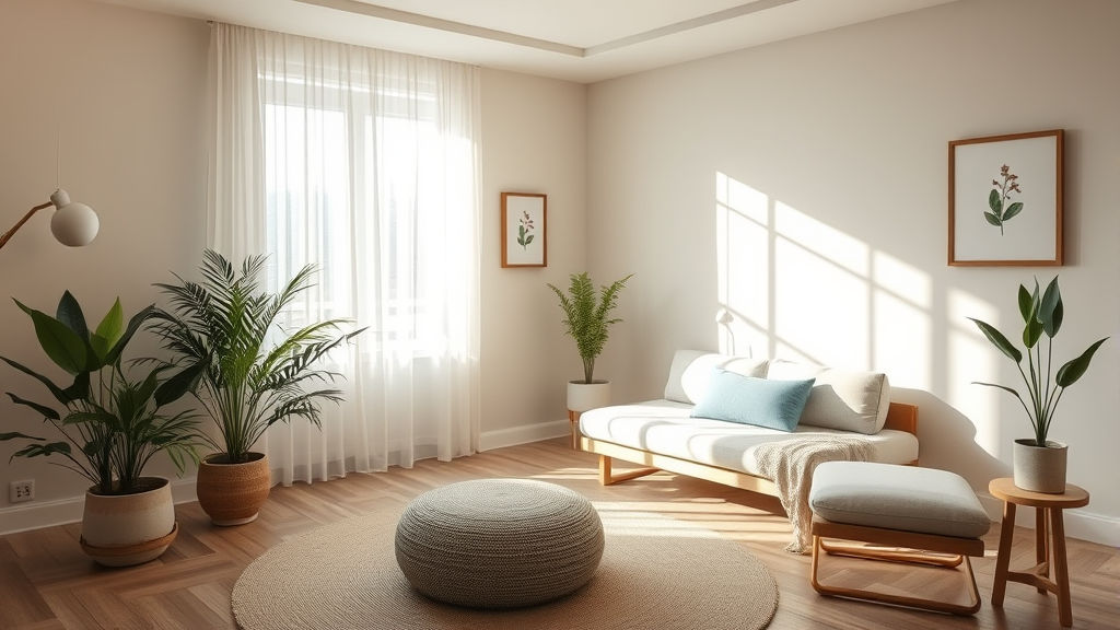 Peaceful therapy room with soft natural lighting and calming colors showcasing mental wellness concept no text no words no letters