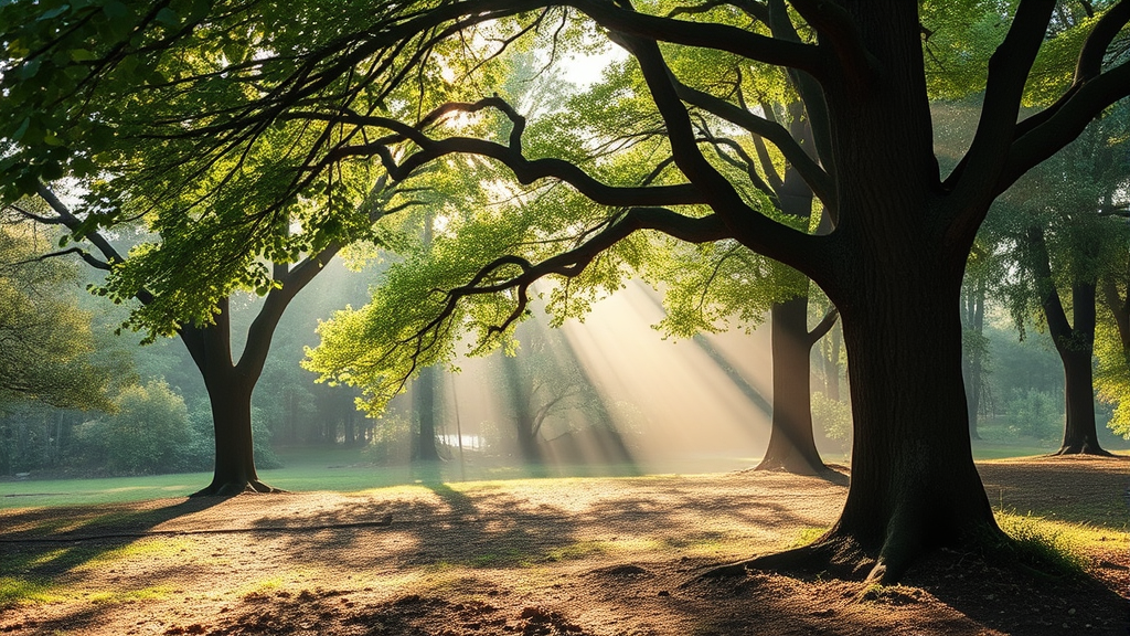 Serene nature therapy setting with trees and gentle sunlight creating healing environment no text no words no letters
