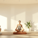 Peaceful meditation space with soft natural lighting, calming earth tones, plants and crystals, serene wellness atmosphere, no text no words no letters