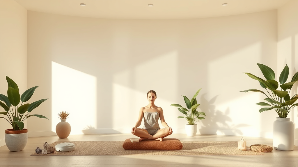 Peaceful meditation space with soft natural lighting, calming earth tones, plants and crystals, serene wellness atmosphere, no text no words no letters