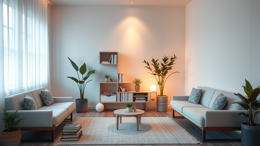 Minimalist therapy room with warm lighting, comfortable seating, plants, books, peaceful healing environment, wellness setting, no text no words no letters