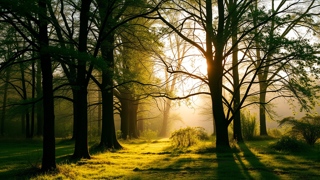 Tranquil nature scene with soft morning light filtering through trees symbolizing clarity and emotional growth, no text no words no letters