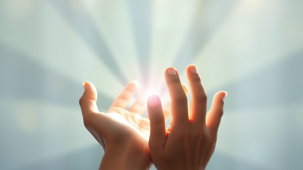 Serene hands gently touching healing light rays with soft pastel colors representing therapeutic treatment and pain relief no text no words no letters