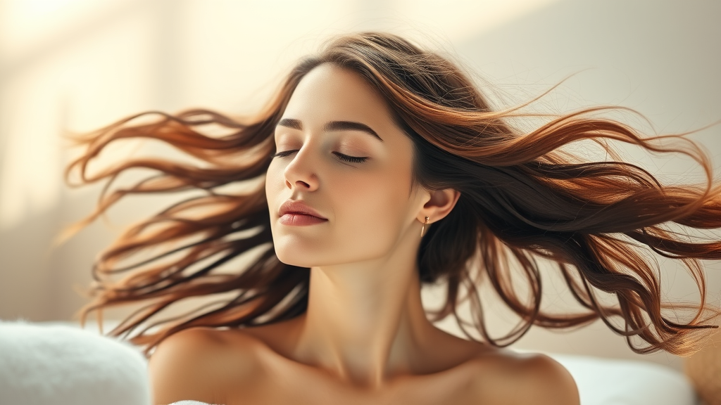 Serene woman with flowing healthy hair in soft natural lighting, calming spa atmosphere, wellness concept, no text no words no letters