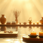 Soft golden light illuminating peaceful spa setting with natural elements and calming atmosphere no text no words no letters