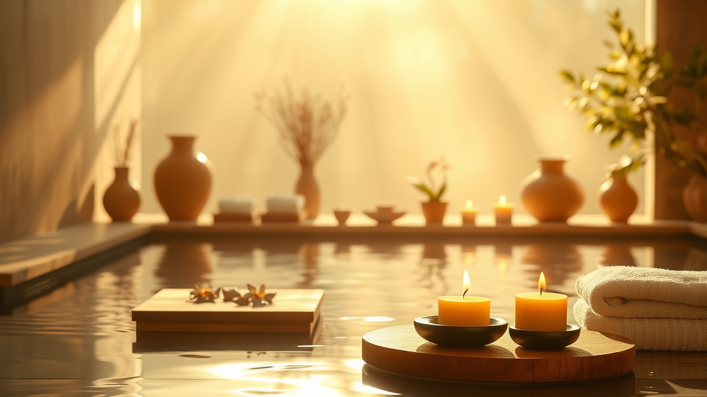 Soft golden light illuminating peaceful spa setting with natural elements and calming atmosphere no text no words no letters