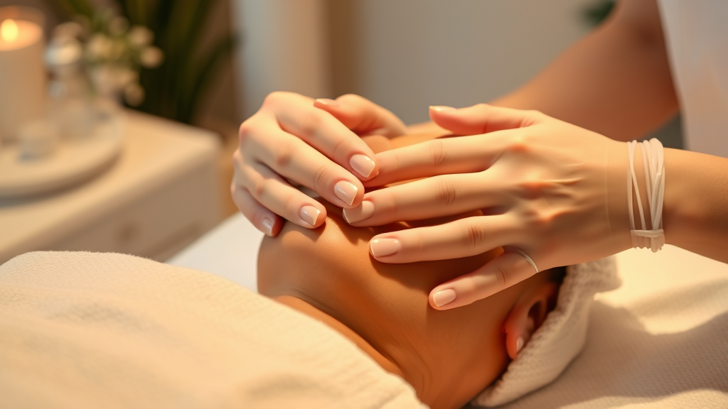 Gentle hands receiving professional skincare treatment in serene clinical environment with warm lighting no text no words no letters