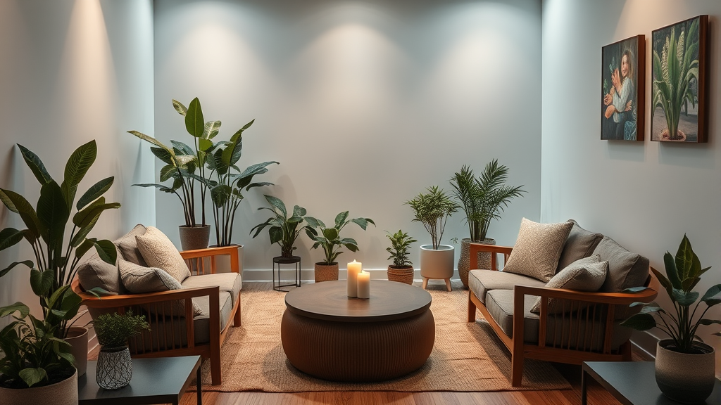 Serene therapy room with comfortable seating plants and calming atmosphere representing healing and growth no text no words no letters