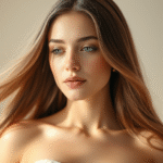 Serene woman with flowing smooth hair in soft natural light peaceful spa setting calming earth tones no text no words no letters